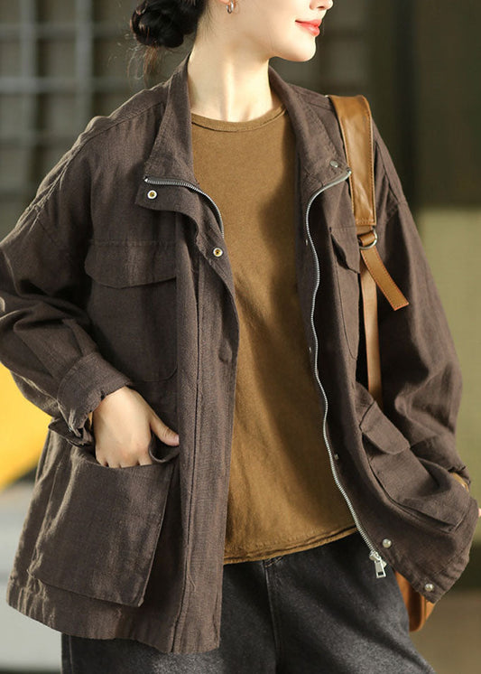 Casual Coffee Stand Collar Patchwork Coat Long Sleeve