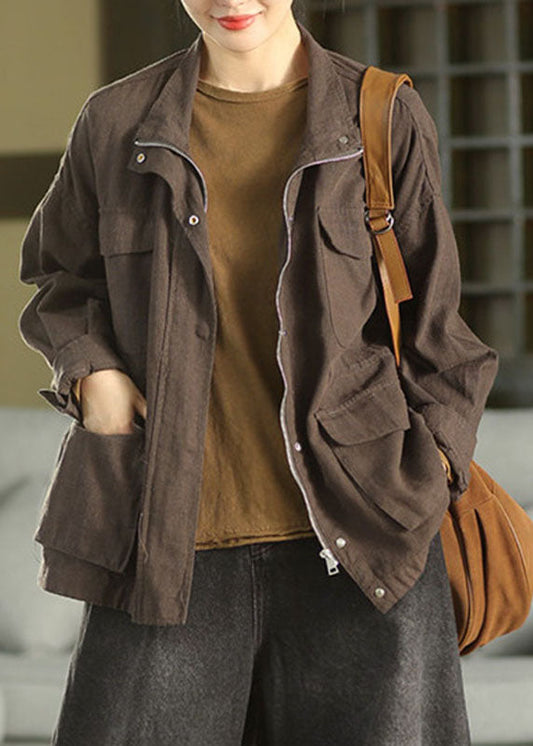 Casual Coffee Stand Collar Patchwork Coat Long Sleeve