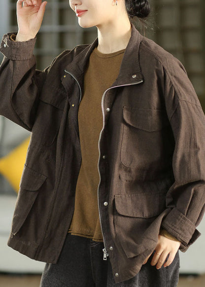 Casual Coffee Stand Collar Patchwork Coat Long Sleeve