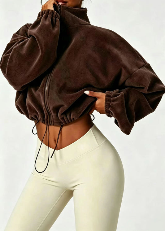 Casual Coffee Stand Collar Zippered Drawstring Fleece Jackets Fall