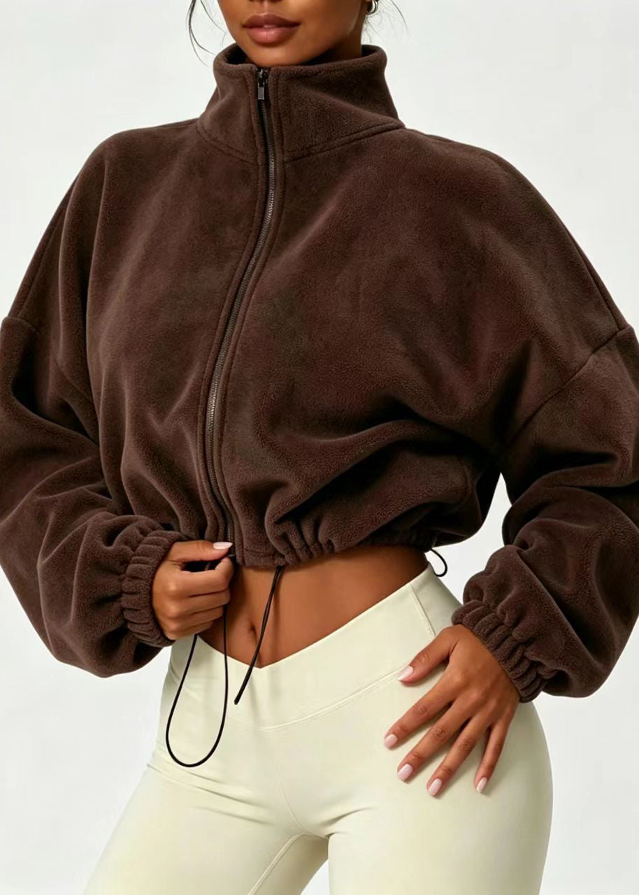 Casual Coffee Stand Collar Zippered Drawstring Fleece Jackets Fall