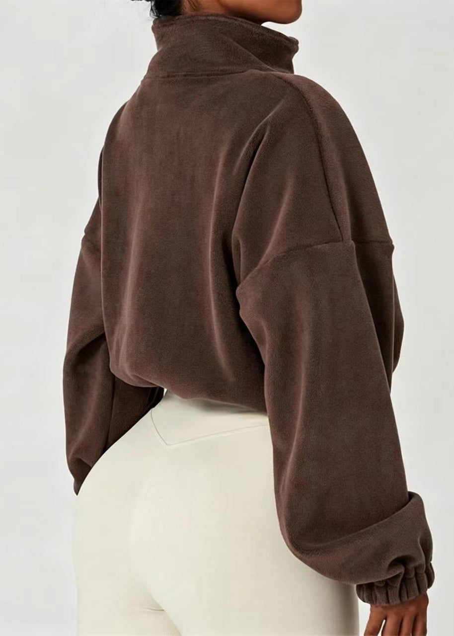 Casual Coffee Stand Collar Zippered Drawstring Fleece Jackets Fall