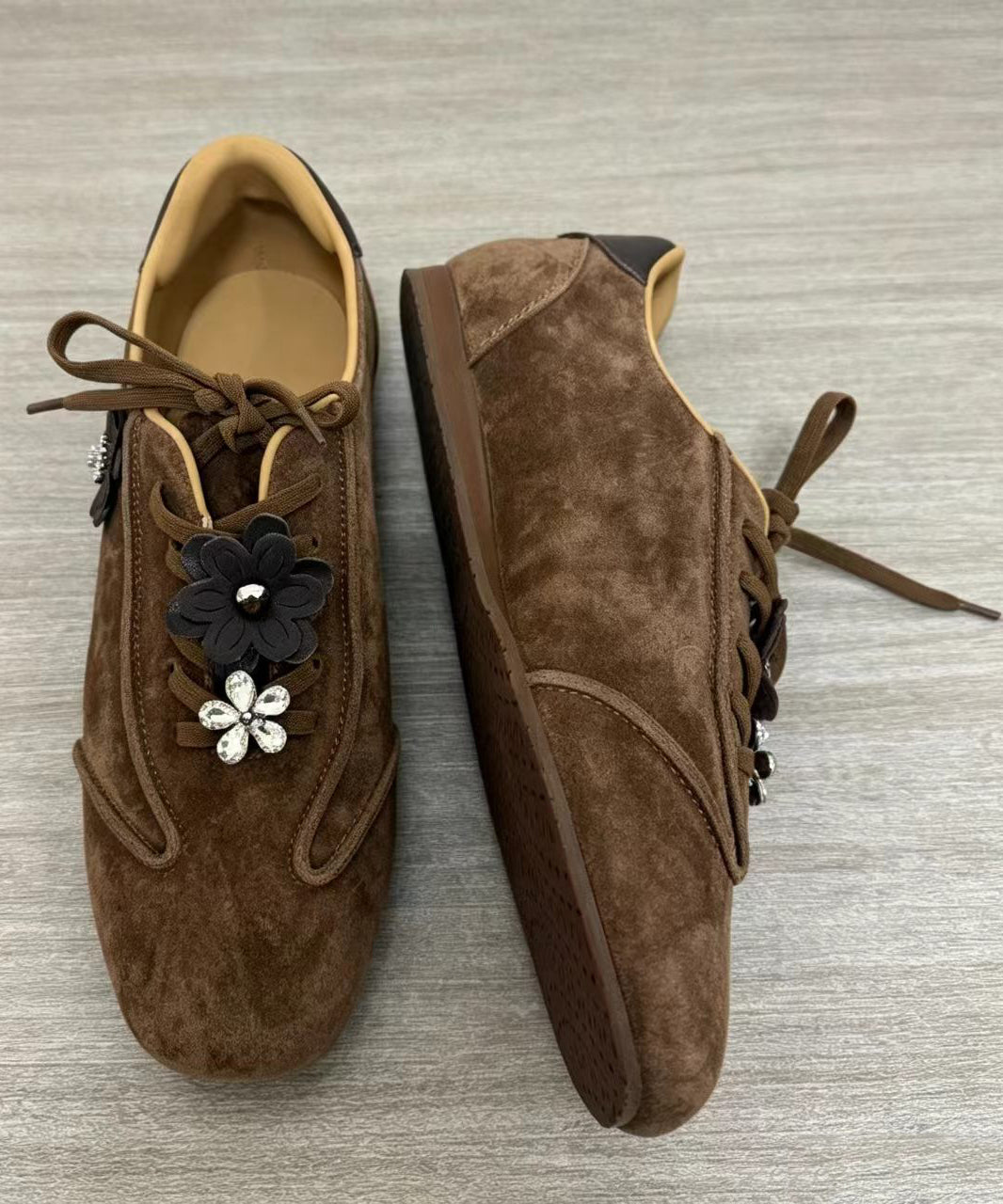 Casual Coffee Suede Floral Lace Up Flats Shoes