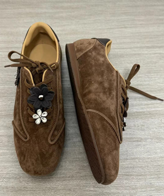 Casual Coffee Suede Floral Lace Up Flats Shoes