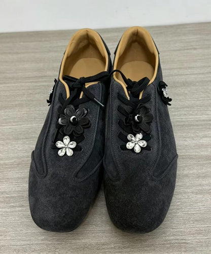 Casual Coffee Suede Floral Lace Up Flats Shoes