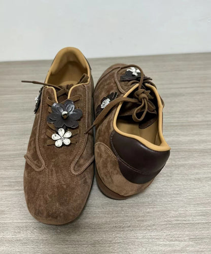 Casual Coffee Suede Floral Lace Up Flats Shoes