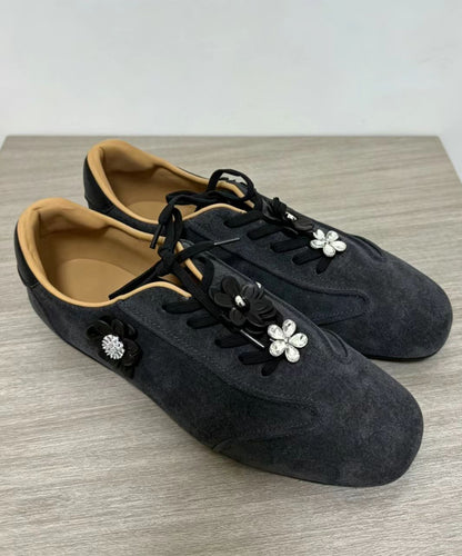 Casual Coffee Suede Floral Lace Up Flats Shoes