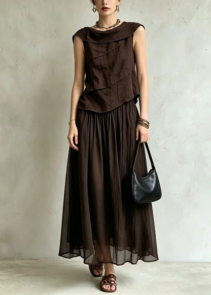 Casual Coffee Top And Maxi Skirts Silk Cotton Two Pieces Set Summer