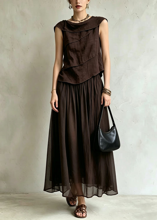 Casual Coffee Top And Maxi Skirts Silk Cotton Two Pieces Set Summer