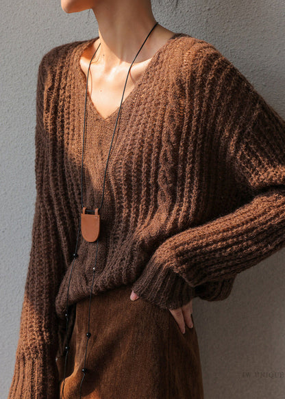 Casual Coffee V Neck Cotton Knit Sweater Spring