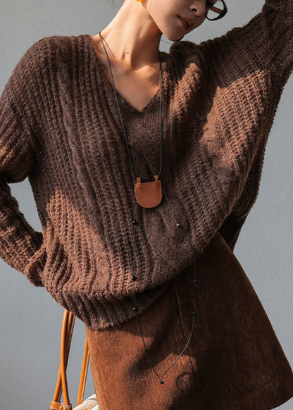 Casual Coffee V Neck Cotton Knit Sweater Spring