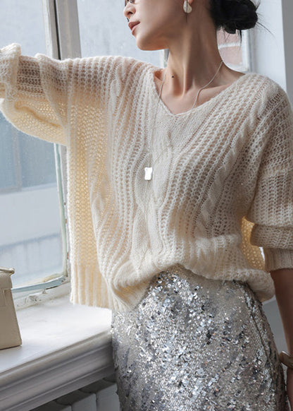 Casual Coffee V Neck Cotton Knit Sweater Spring