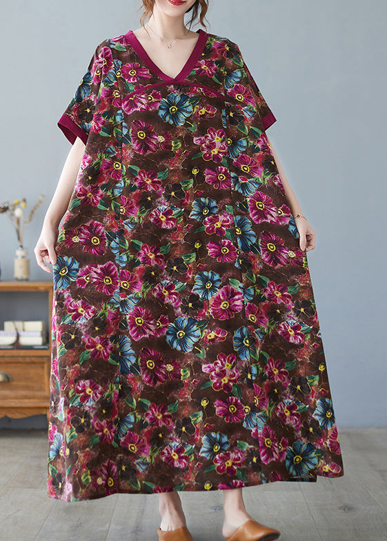 Casual Coffee V Neck Print Cozy Maxi Dress Short Sleeve