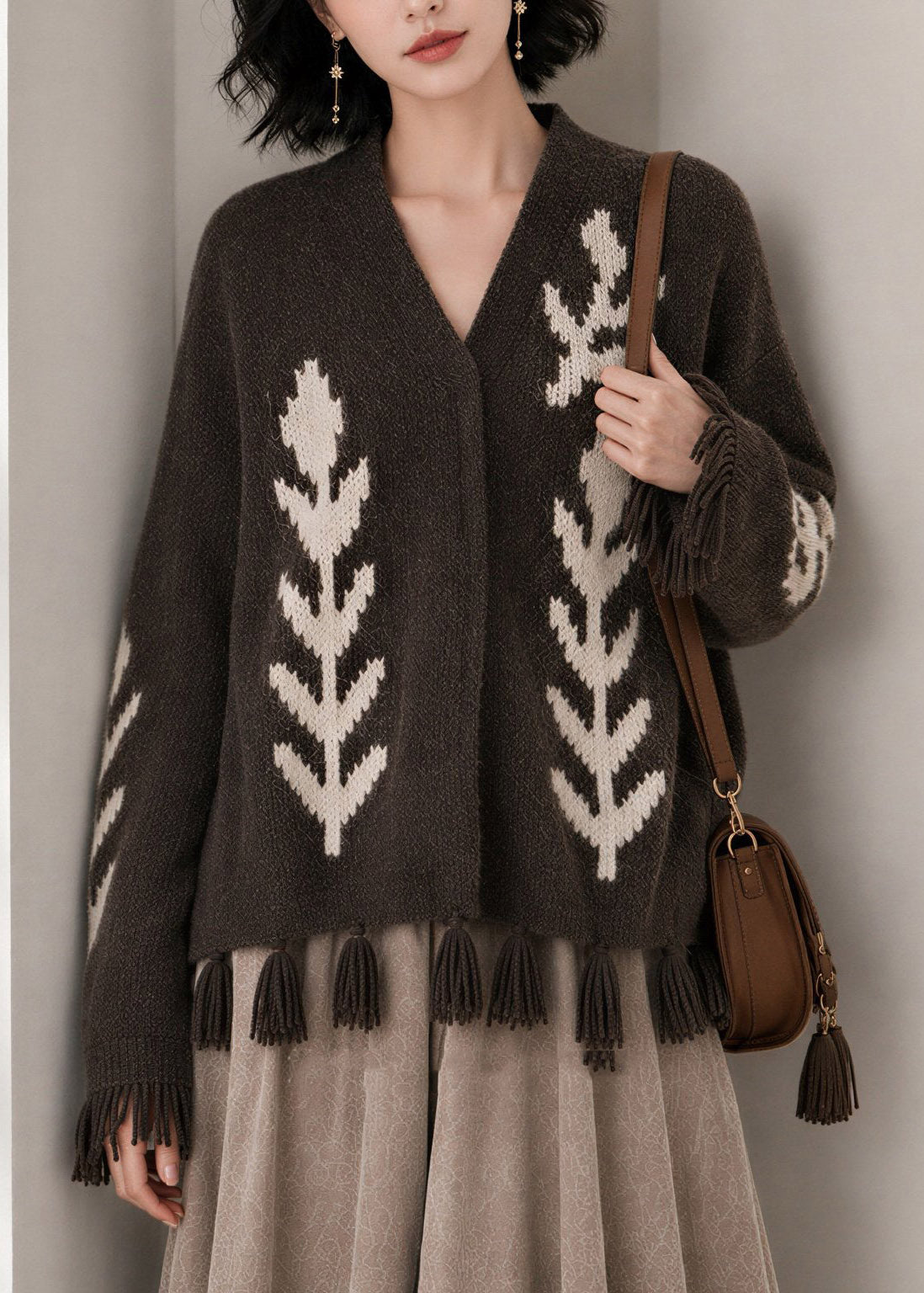 Casual Coffee V Neck Print Tassel Cotton Knitted Cardigans Fall