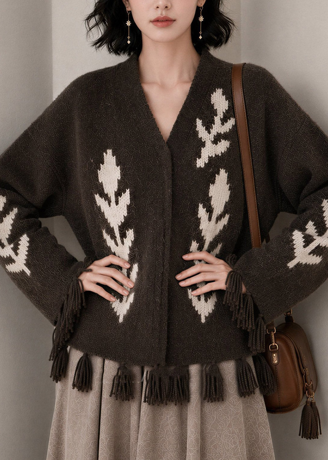 Casual Coffee V Neck Print Tassel Cotton Knitted Cardigans Fall