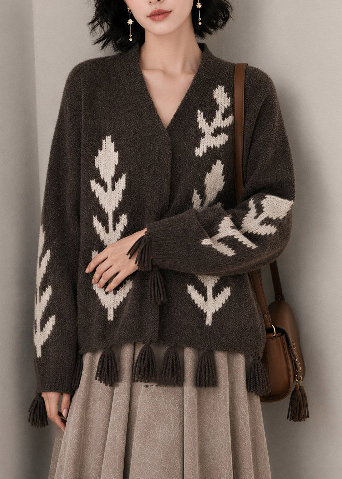 Casual Coffee V Neck Print Tassel Cotton Knitted Cardigans Fall