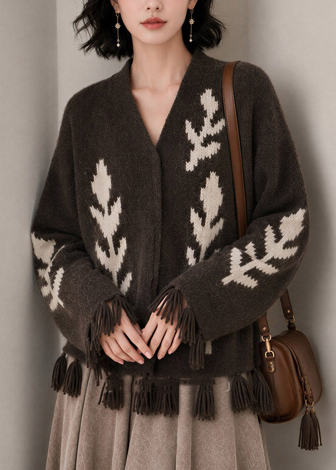 Casual Coffee V Neck Print Tassel Cotton Knitted Cardigans Fall