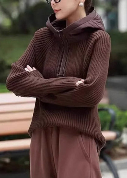 Casual Coffee Zippered Patchwork Hooded Knit Pullover Long Sleeve