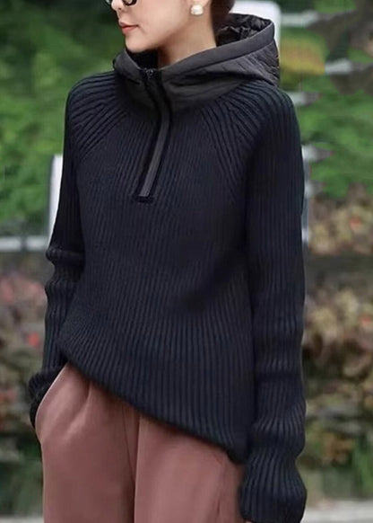 Casual Coffee Zippered Patchwork Hooded Knit Pullover Long Sleeve
