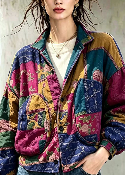 Casual Colorblock Big Pockets Print Cotton Filled Jackets Winter