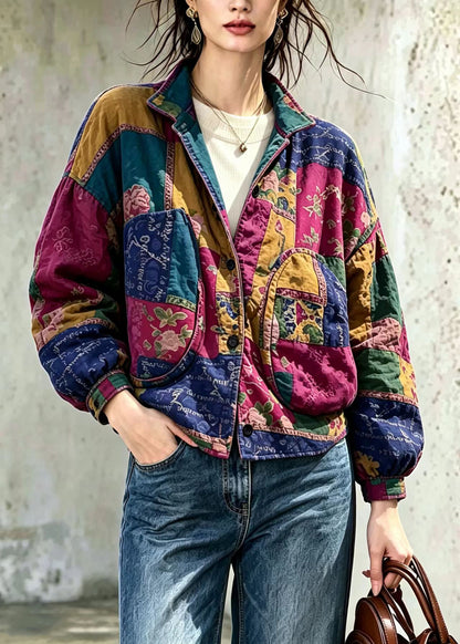Casual Colorblock Big Pockets Print Cotton Filled Jackets Winter