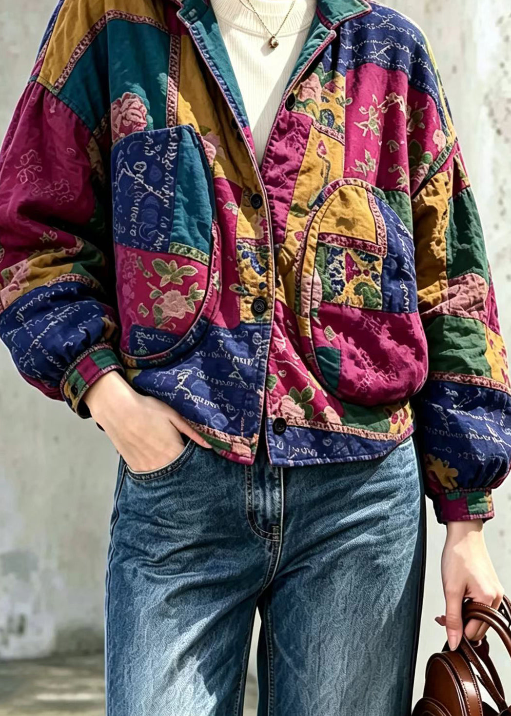 Casual Colorblock Big Pockets Print Cotton Filled Jackets Winter