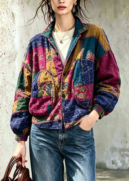 Casual Colorblock Big Pockets Print Cotton Filled Jackets Winter