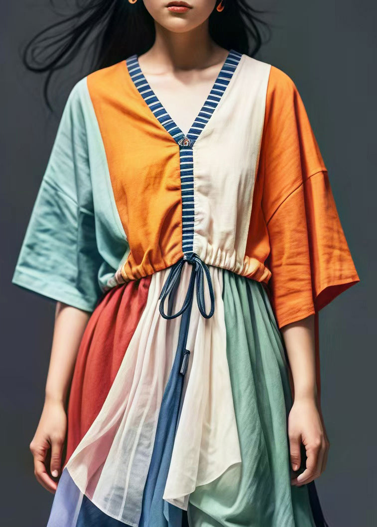 Casual Colorblock Cinched Patchwork Cotton Vacation Dresses Summer