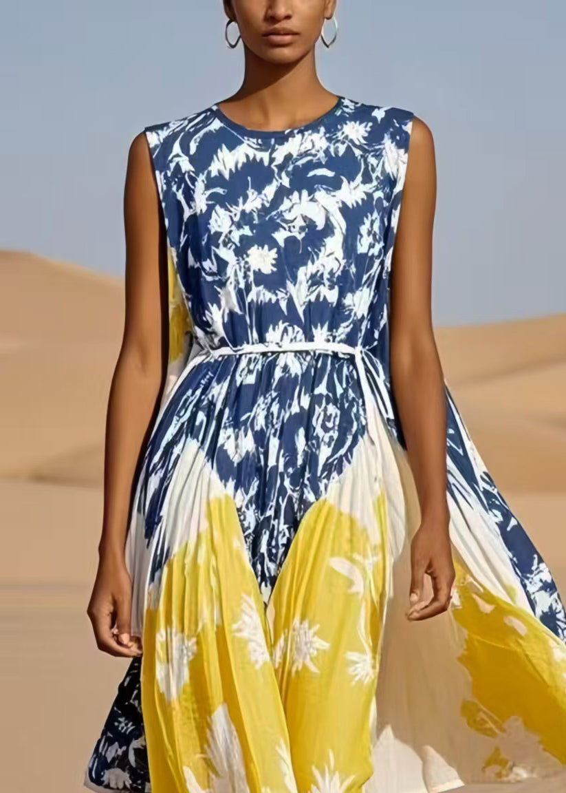 Casual Colorblock Cinched Print Cotton Maxi Dress Sleeveless