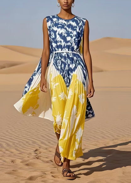 Casual Colorblock Cinched Print Cotton Maxi Dress Sleeveless