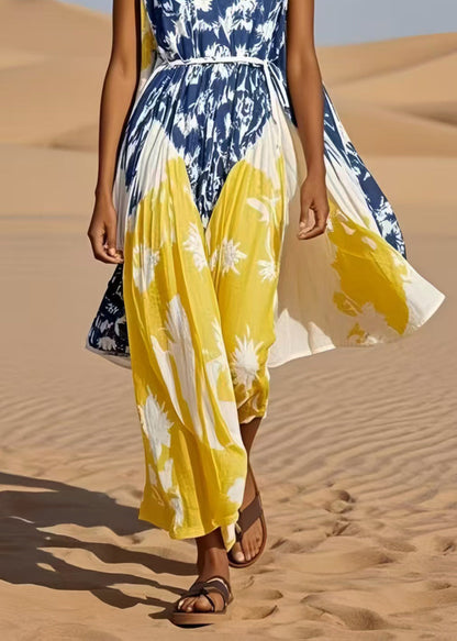 Casual Colorblock Cinched Print Cotton Maxi Dress Sleeveless