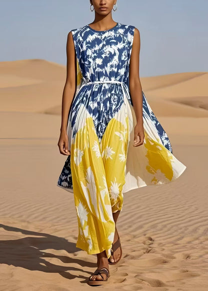 Casual Colorblock Cinched Print Cotton Maxi Dress Sleeveless