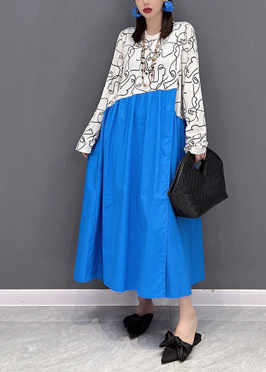 Casual Colorblock O-Neck Print Patchwork holiday Dress Long sleeve