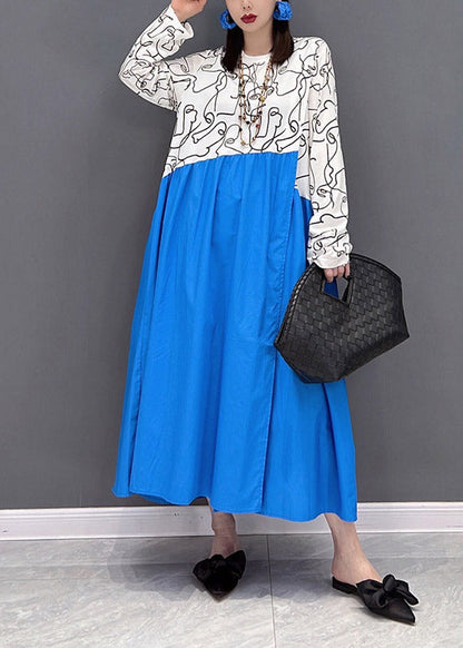 Casual Colorblock O-Neck Print Patchwork holiday Dress Long sleeve