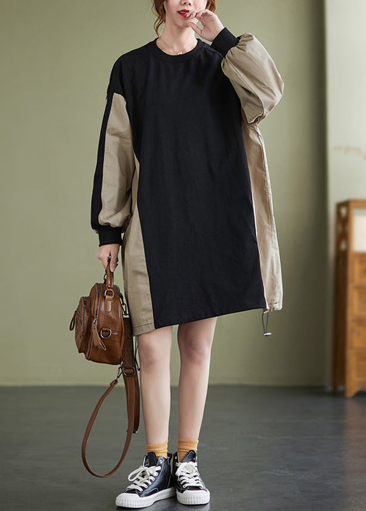 Casual Colorblock Patchwork Drawstring Sweatshirt Dress Long Sleeve