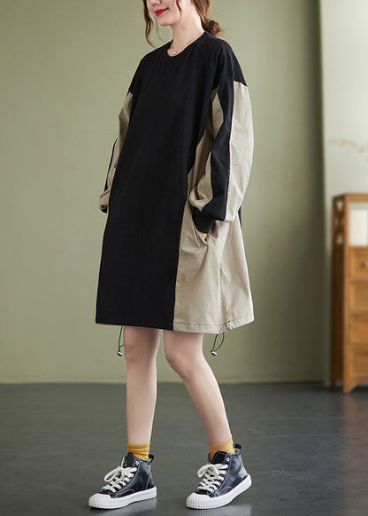 Casual Colorblock Patchwork Drawstring Sweatshirt Dress Long Sleeve