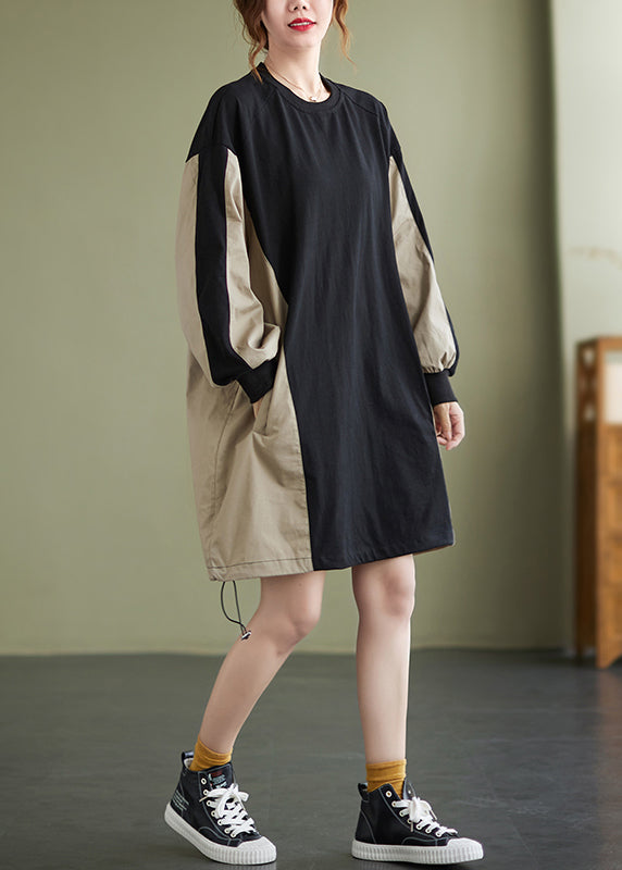 Casual Colorblock Patchwork Drawstring Sweatshirt Dress Long Sleeve