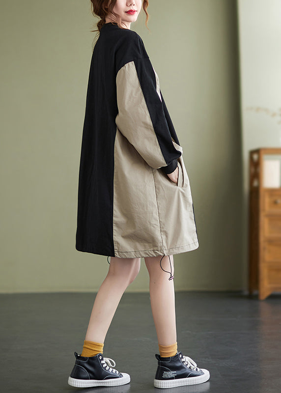Casual Colorblock Patchwork Drawstring Sweatshirt Dress Long Sleeve