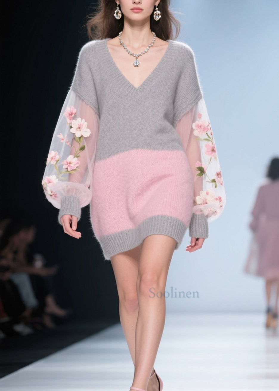 Casual Colorblock Tulle Floral Patchwork Knit Sweater Dress Fall