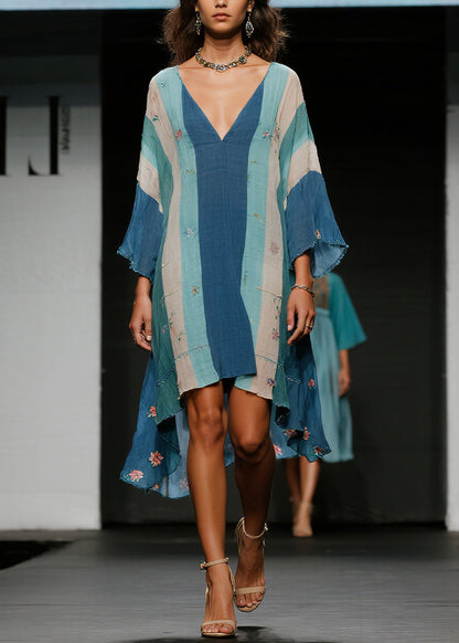 Casual Colorblock V Neck Floral Asymmetrical Cotton Dress Spring