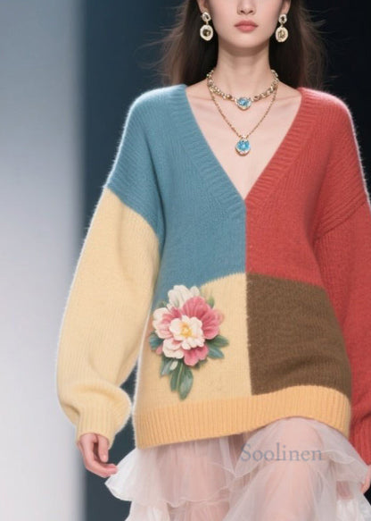 Casual Colorblock V Neck Floral Knit Sweater Dress Fall