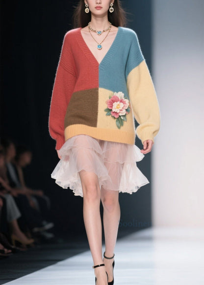 Casual Colorblock V Neck Floral Knit Sweater Dress Fall