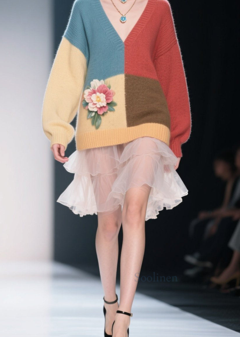 Casual Colorblock V Neck Floral Knit Sweater Dress Fall