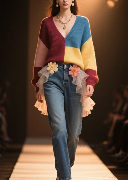 Casual Colorblock V Neck Loose Knit Sweater Fall