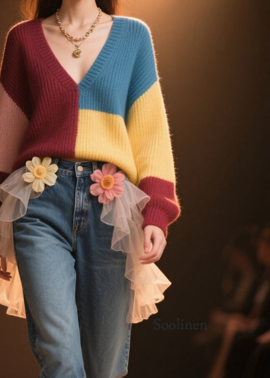 Casual Colorblock V Neck Loose Knit Sweater Fall