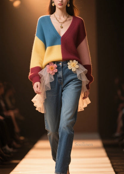 Casual Colorblock V Neck Loose Knit Sweater Fall