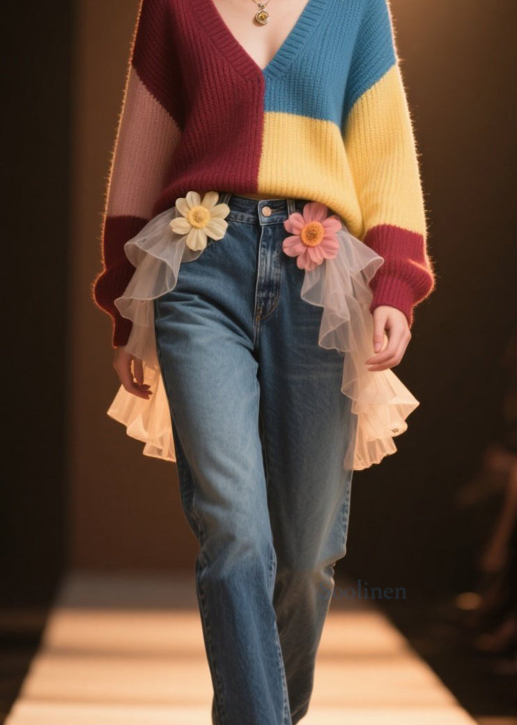 Casual Colorblock V Neck Loose Knit Sweater Fall