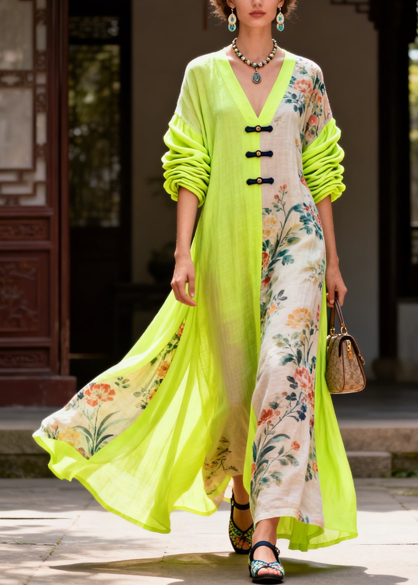 Casual Colorblock V Neck Print Maxi Dresses Fall