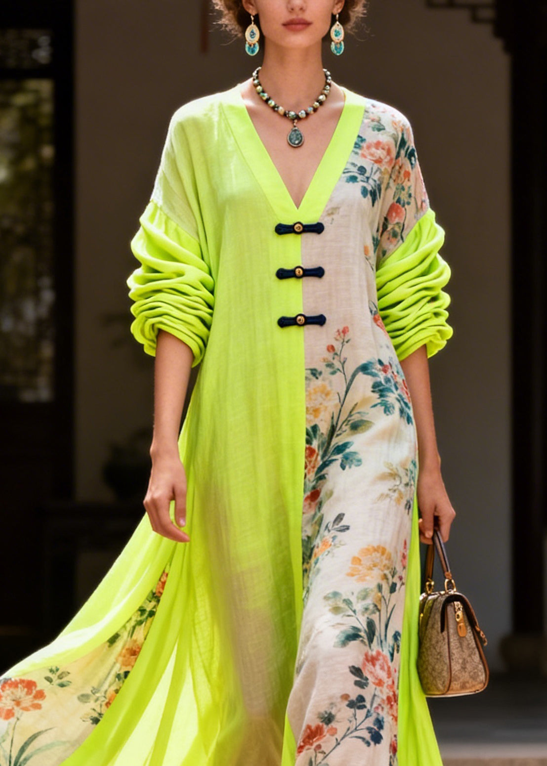 Casual Colorblock V Neck Print Maxi Dresses Fall