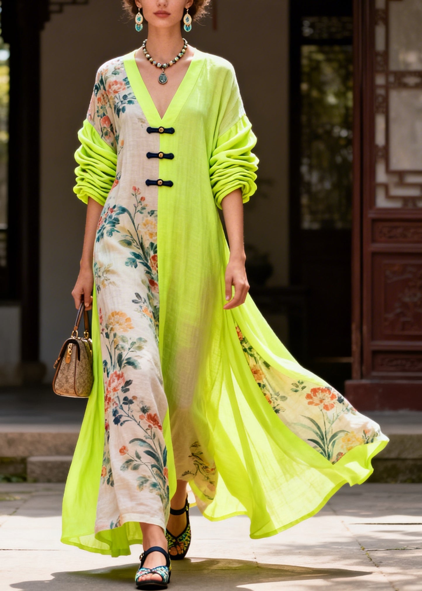 Casual Colorblock V Neck Print Maxi Dresses Fall